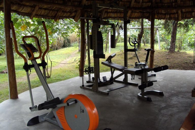 Outdoor fitness equipment under a thatched shelter