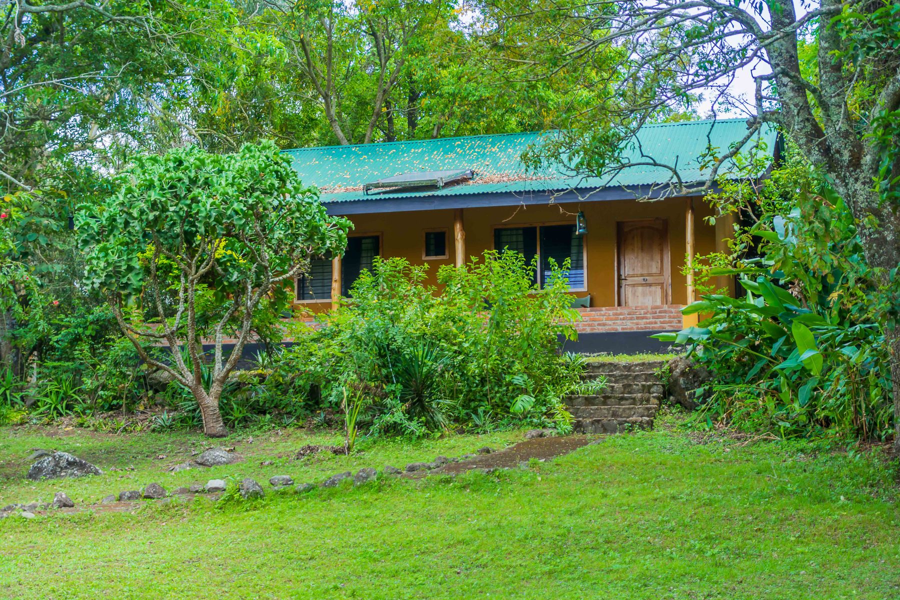 A guest block among the garden trees, with lawn running up to the veranda