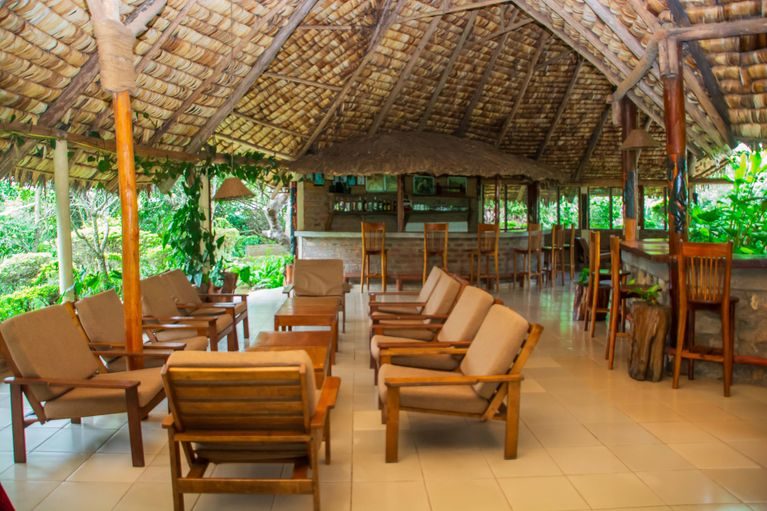 Wooden loungers lined up in the shade