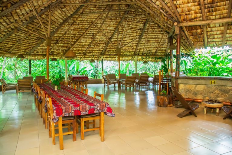 Long tables set for a group in the restaurant